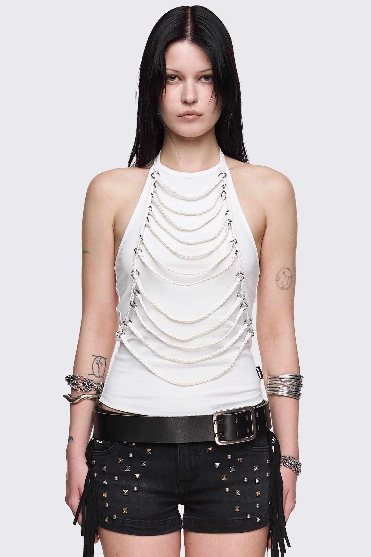 Unravel White Layered Chain Halter Top