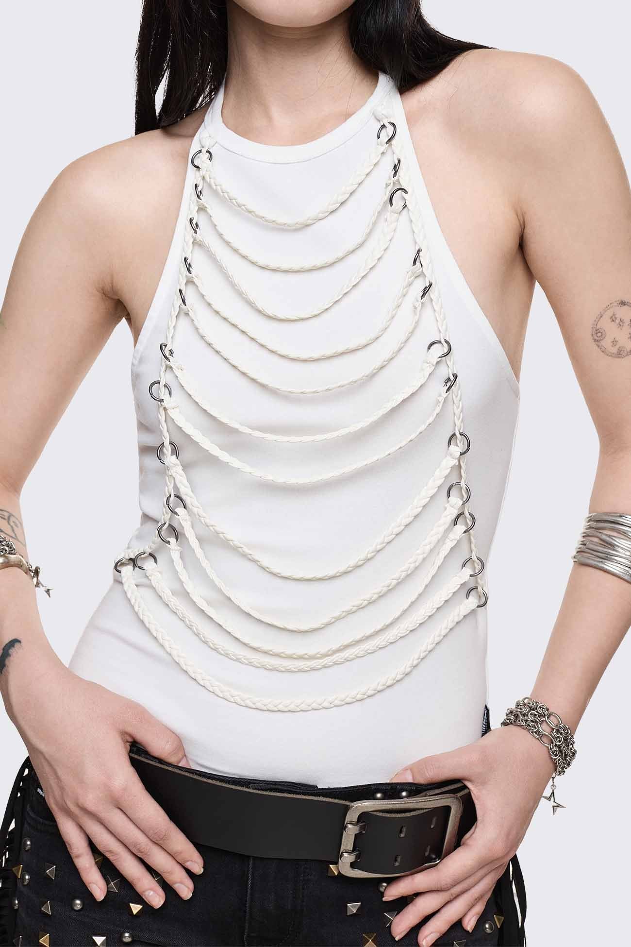 Unravel White Layered Chain Halter Top