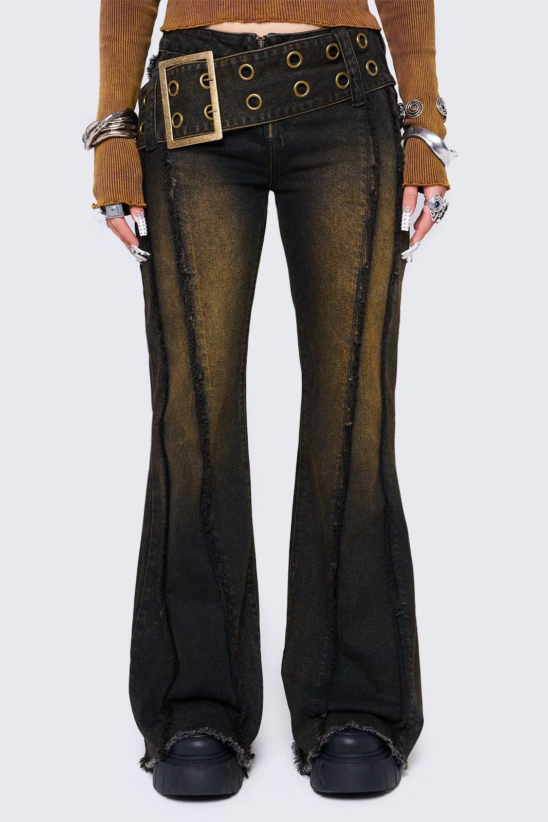 Gia Overdye Belted Flared Jeans